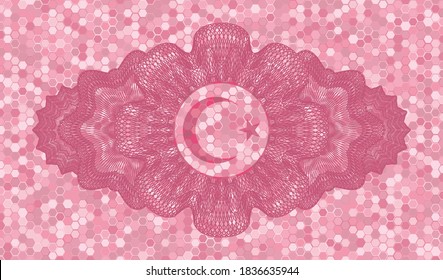 Linear currency decoration Star and crescent icon inside pink color tile mosaic pattern realistic emblem. Geometric hexagon handsome background. Intense illustration. 