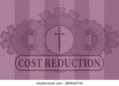 Linear currency decoration Sword icon and Cost Reduction text pink wavy badge. Curve luxurious background. Artistic illustration. 