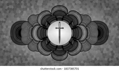 Decoración de moneda lineal Icono de espada dentro de la placa de pared de piedra. Fondo Rock chic. Ilustración vectorial. 