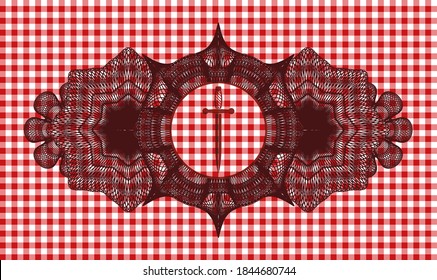 Linear currency decoration Sword icon inside red checkered tablecloth badge. Restaurant exquisite background. Illustration. 
