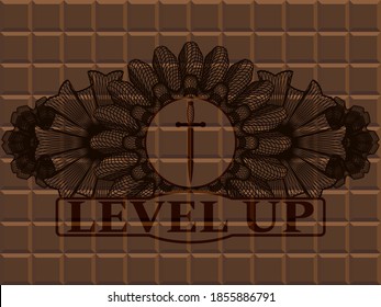 Linear currency decoration Sword icon and Level Up text chocolate bar realistic badge. Brown handsome background. Illustration. 