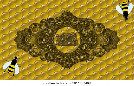 Linear currency decoration taco icon inside honey bees realistic emblem. beekeeping classic background. Illustration. 