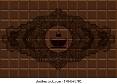 Linear currency decoration tea icon inside chocolate emblem. Brown classic background. Artistic illustration. 