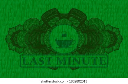 Icono de té de decoración de moneda lineal y emblema realista de pasto verde del texto de Last Minute. El fondo es de estilo ecco clásico. Ilustración intensa. 
