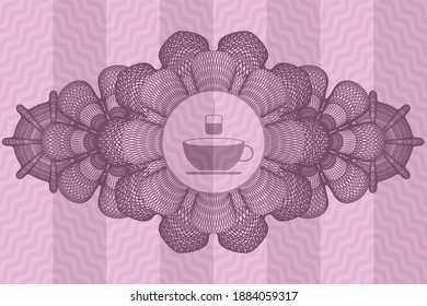 Linear currency decoration tea icon inside pink wavy realistic badge. Curve exquisite background. Intense illustration. 