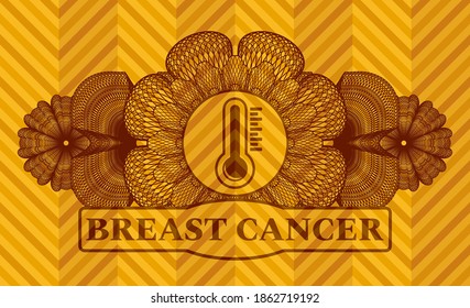 Linear currency decoration thermometer icon and Breast Cancer text orange color emblem. Geometric fancy background. Intense illustration. 