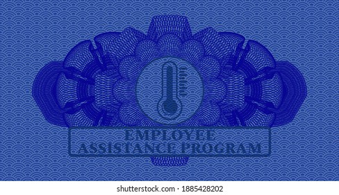 Linear Currency Decoration Thermometer Icon And Employee Assistance Program Text Blue Japanese Pattern Realistic Badge. Geometric Classic Background. Illustration. 