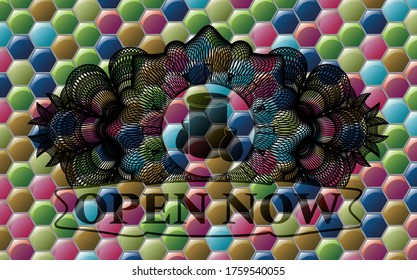 Linear currency decoration trash icon and Open now text Colorful candy emblem. Hexagon delicate background. Artistic illustration. 