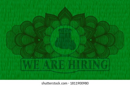 Linear currency decoration trash icon and We are hiring text grass pasture realistic badge. Eco classic background. Artistic illustration. 