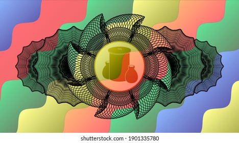 Lineare Währungsdekoration Müllsymbol in buntem mehrfarbigem Emblem.Curvy gut aussehender Hintergrund. Vektorgrafik. 