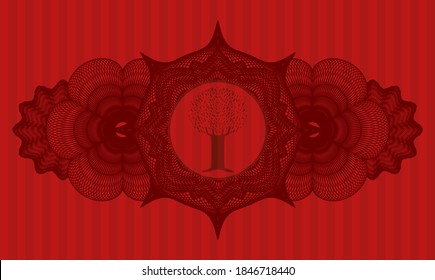 Linear currency decoration tree icon inside red color realistic badge. Bars graceful background. Illustration. 