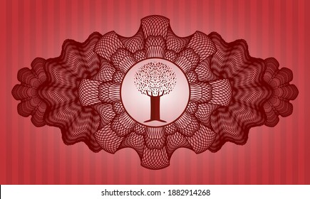 Icono de árbol de decoración de moneda lineal dentro de la insignia de color rojo. Barras de fondo elegante. Ilustración. 