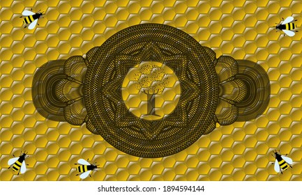 Linear currency decoration tree icon inside honey realistic emblem. beekeeping exquisite background. Vector illustration. 