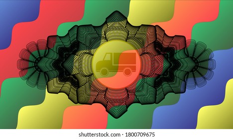 Linear currency decoration truck icon inside Colorful candy realistic emblem. Curvy luxurious background. Artistic illustration. 