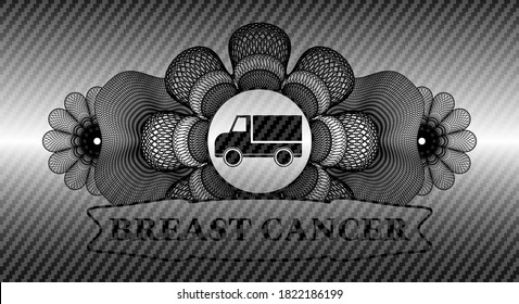 Linear currency decoration truck icon and Breast Cancer text carbon fiber dark emblem. Polymer texture exquisite background. Vector illustration. 