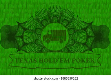 Linear currency decoration truck icon and Texas Hold'em Poker text green grass badge. Eco graceful background. Vector illustration. 