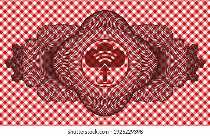Linear currency decoration upload icon inside red checkered tablecloth badge. Restaurant exquisite background. Vector illustration. 