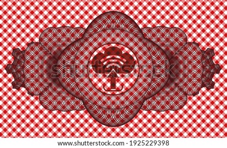 Linear currency decoration upload icon inside red checkered tablecloth badge. Restaurant exquisite background. Vector illustration. 