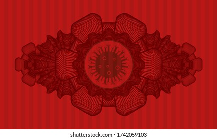 Linear currency decoration Virus icon inside red color realistic badge. Bars chic background. Artistic illustration. 