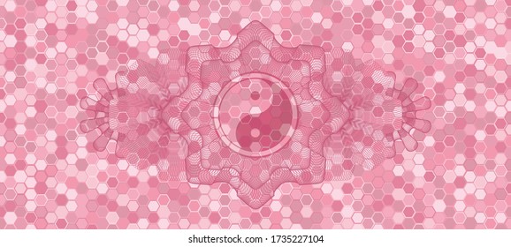 Linear currency decoration Yin yang icon inside pink tile mosaic style realistic badge. Geometric hexagon exquisite background. Intense illustration. 