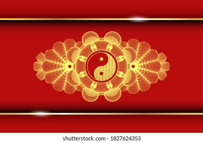 Linear currency decoration Yin yang icon inside Gold and Red badge. Traditional classic background. Artistic illustration. 