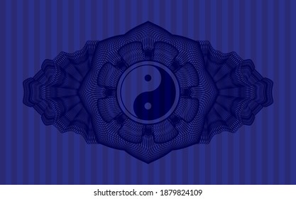 Decoración lineal de moneda Yin yang icono dentro de la placa azul. Fondo elegante de las barras. Ilustración artística. 