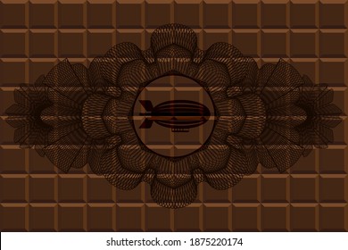 Icono de zeppelin de decoración de moneda lineal dentro de la insignia de chocolate. Marrón de exquisito fondo. Ilustración vectorial. 