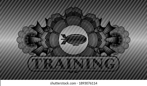 Decoración lineal de la moneda zeppelin icono y Entrenamiento texto fibra de carbono oscuro insignia realista. Fondo elegante de textura polímero. Ilustración vectorial. 