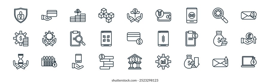 linear currency icon pack. vector thin line email, payment, growth, analysis, qr scan, profit, bank, online business icons suitable for apps and websites ui designs