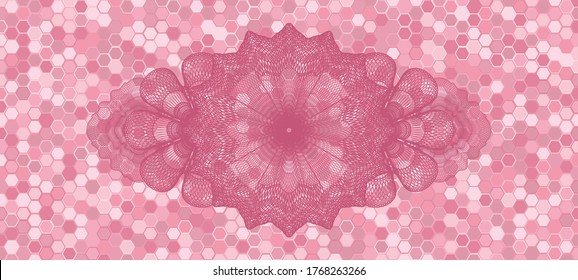 Linear currency pink color tiles mosaic pattern realistic badge. Geometric hexagon fashionable background. Artistic illustration. 