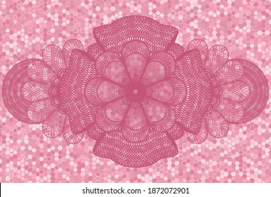 Linear currency pink color tiles mosaic realistic badge. Geometric hexagon fancy background. Vector illustration. 