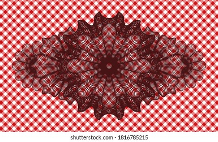 Linear currency red checkered tablecloth realistic badge. Restaurant luxurious background. Vector illustration. 