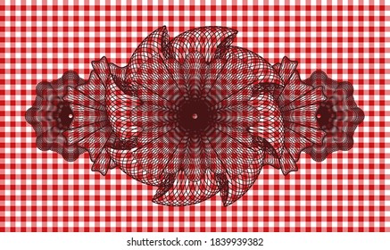 Lineare Währung rot karierte Tischdecke realistisches Emblem. Restaurant, luxuriöser Hintergrund. Vektorgrafik. 