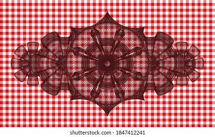 Linear currency red checkered tablecloth badge. Restaurant handsome background. Artistic illustration. 