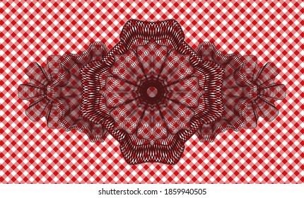 Linear currency red checkered tablecloth badge. Restaurant chic background. Illustration. 