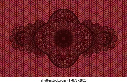 Linear currency Red color woolen fabric realistic badge. Cloth fashionable background. Intense illustration. 