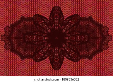 Linear currency Red color woolen fabric realistic emblem. Cloth classic background. Illustration. 