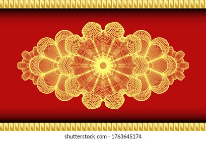 Moneda lineal emblema realista Red and Gold. Tradicional y delicado fondo. Ilustración artística. 