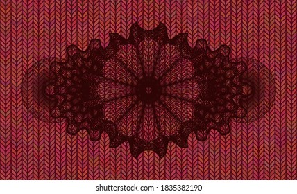 Linear currency Red woolen fabric emblem. Cloth delicate background. Intense illustration. 