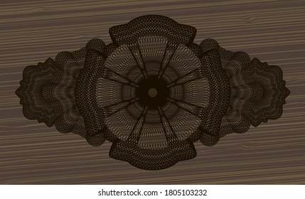 Linear currency wood realistic badge. Brown graceful background. Intense illustration. 