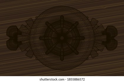 Linear currency wood realistic badge. Brown exquisite background. Vector illustration. 
