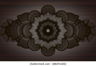 Linear currency wood realistic badge. Brown chic background. Illustration. 