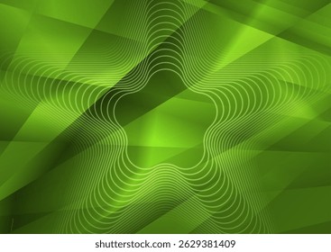 Linear curved star shape on the green low poly glossy background. Geometric abstract vector design