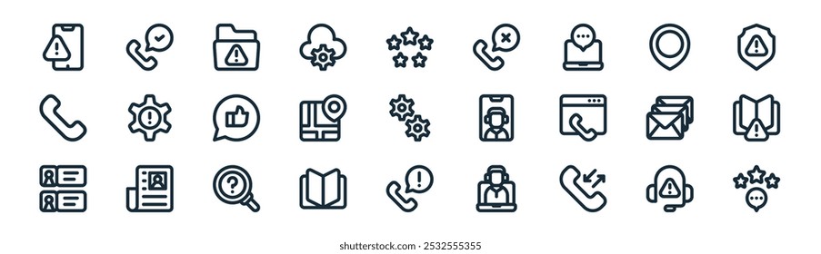 linear customer service icon pack. vector thin line technical support, service call, folder, location pin, map location, open book, phone, positive review icons suitable for apps and websites ui