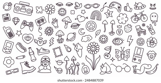 Linear cute hand drawn drawings. Background from doodles in youth style. Black and white children's hand drawings. Vector illustration isolated elements on a white background. Set of tattoos.