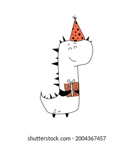 Linear cute smiling dino with a gift