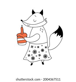 Linear cute smiling fox with a cake