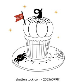 Linear cute sweet pumpkin cupcake for halloween with little spider, clouds and boo sign. Vector illustration coloring. Happy Halloween Card.