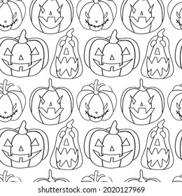 Linear cutted creepy pumpkins on a white background. Vector halloween jack-o lantern seamless pattern.