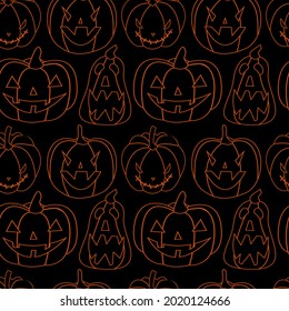 Linear cutted orange pumpkins on a black background seamless pattern.Halloween jack-o lantern  background.